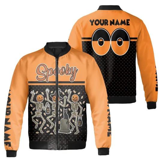 Discover Personalized Skeleton Dancing Spooky Vibes Halloween Bomber Jacket