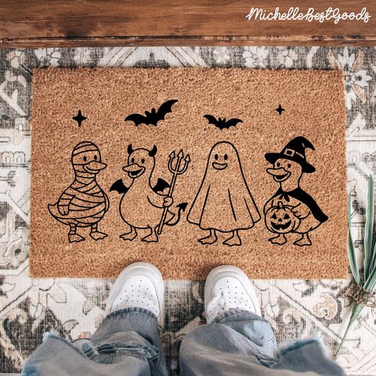Discover Halloween Goose Doormat, Spooky Goosey Vibes Welcome Mat, Ghost Witch Pumpkin Skeleton, Outdoor Coir Front Door Mat, Fall Porch Decor