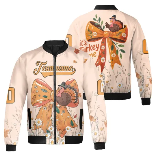 Discover Personalized Turkey Coquette Bow It's Turkey Time Thanksgiving Day Bomber Jacket