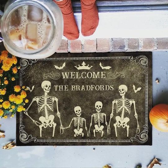 Discover Custom Gothic Skulls Family Doormat, Custom Halloween Gift for Families, Spooky Entrance Rug, Home Decoration for Halloween, Trick or Treat