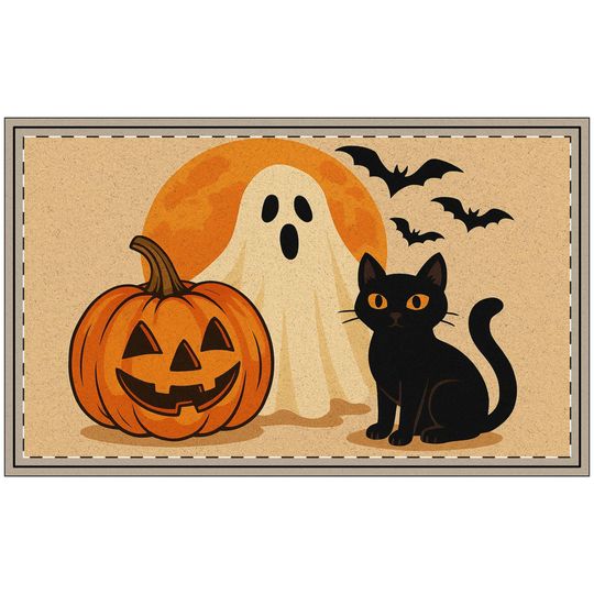 Discover Halloween Doormat: Spooky Ghost, Cat & Pumpkin - Fall Decor