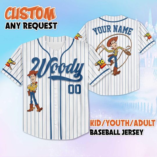 Discover Custom Woody Baseball Jersey, Personalized Toy Story Baseball Shirt, Family Matching Outfit, Cute Disney Gift for Kids