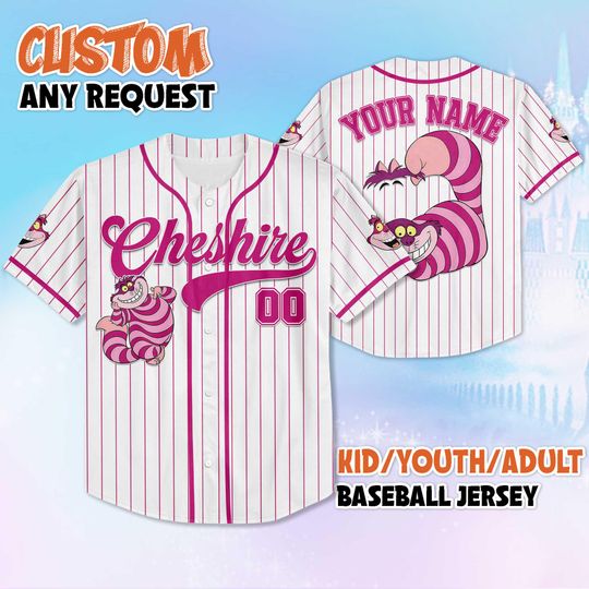 Discover Personalized Cheshire Cat Baseball Jersey, Custom Alice in Wonderland Jersey, Family Matching Outfit, Birthday Gift Idea