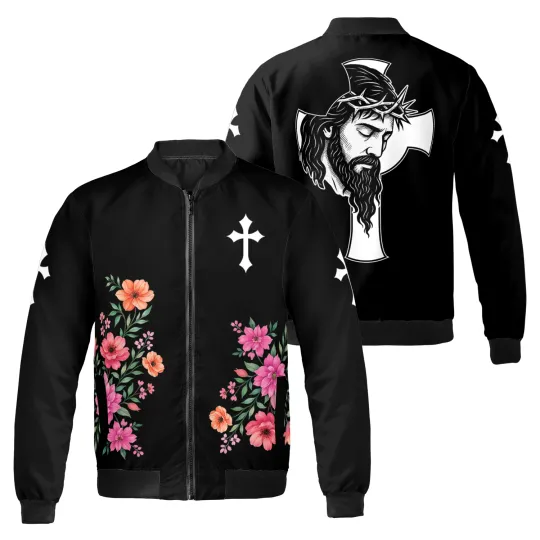 Discover Jesus Floral Christ Cross Religious Christian Faith In God Xmas Bomber Jacket