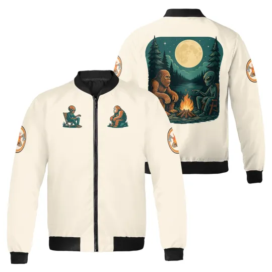 Discover Bigfoot & Alien Campfire Mystical Forest Funny Camping Camper Gift Bomber Jacket