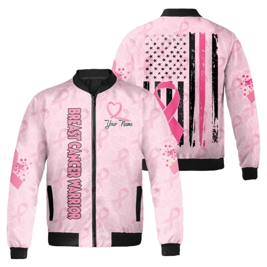 Discover Personalized USA Flag Pink Ribbon Breast Cancer Warrior Bomber Jacket