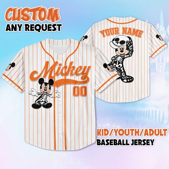 Discover Custom Mickey Mouse Skeleton Baseball Jersey, Disney Skeleton Mickey Shirt, Personalized Halloween Outfit, Spooky Disney Fan Gift
