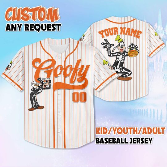 Discover Custom Goofy Skeleton Baseball Jersey, Disney Goofy Skeleton Shirt, Personalized Halloween Outfit, Spooky Disney Fan Gift