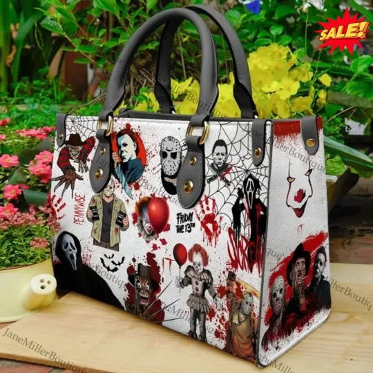 Halloween Leather Handbag with Michael Myers Design, Horror Movie Inspired Leather Bag