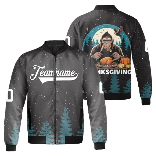 Discover Personalized Bigfoot Thanksgiving  Dinner Autumn Vibes Turkey Day Bomber Jacket