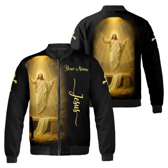 Discover Personalized Jesus Ascension Golden Light Xmas Gift Christian Bomber Jacket