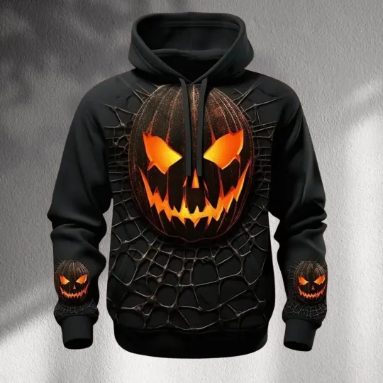 Glowing Jack O_ Lantern Hoodie 3D Spiderweb Graphic Unisex Pullover