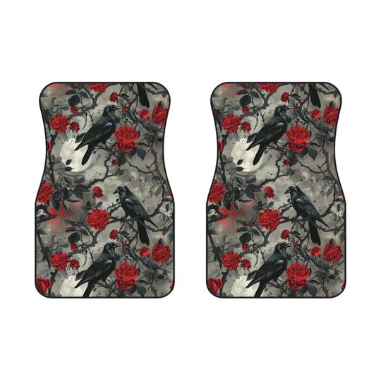 Discover Car Mats (2x Front) - Ravens, Roses and Moon, Gothic Car Floor Mats, Custom Car Accessories, Spooky Vehicle Decor, Unique Gift for Car