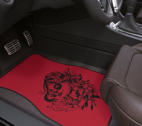 Discover Floral Sugar Skull Car Floor Mats, 1pc~Front|Rear|Goth Car Accessory|Day Of The Dead|Car Decor