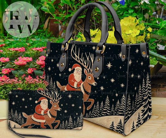 Discover Christmas Santa Leather Handbag and Purses, Reindeer Tote, Custom X-mas Bag