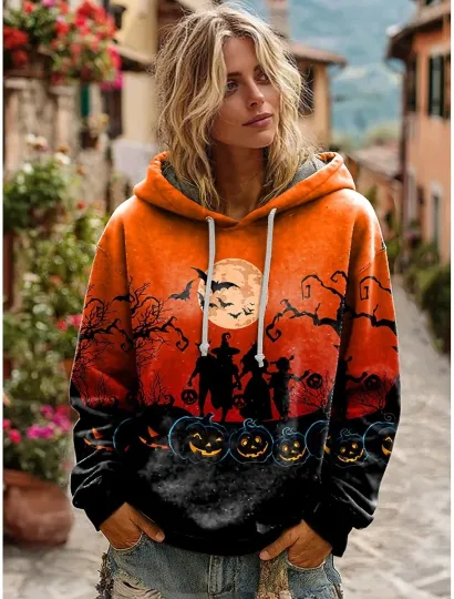 Discover Halloween Pullover Hoodie – Pumpkin Face Print Sweatshirt for Spooky Season
