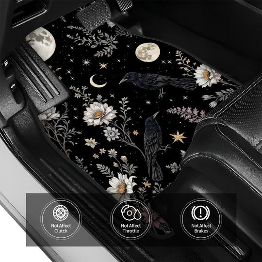 Discover Witchy Black Crow Car Floor Mats, Wildflower Moon Aesthetic Print Car Accessories, Gift for Her, Mystical Cottagecore Gothic Cute Car Decor