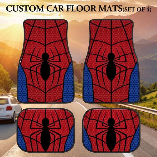 Discover Red and blue Spider Car Floor Mats set of 4, Hand-painted Spider Car Mats, Stylish Car Mats Set, Superhero Car Accessories for dad gift