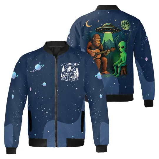 Discover Bigfoot Playing Guitar With Alien And UFO Planets Galaxy Themed Bomber Jacket