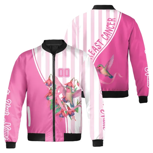 Discover Personalized Floral Hummingbird Breast Cancer Awareness Bomber Jacket