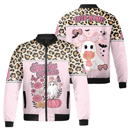 Discover Personalized Leopard Boo Halloween Preppy Spooky Season Bomber Jacket