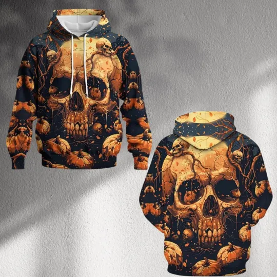 Halloween Skull Pumpkin Hoodie, All Over Print Jack O Lantern Vines