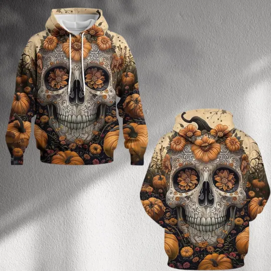 Discover Floral Pumpkin Sugar Skull Hoodie,Unisex Fall Halloween Pullover, All Over Print