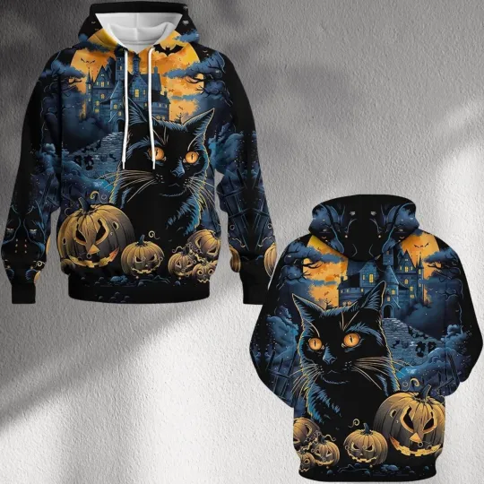 Halloween Black Cat Hoodie with Pumpkins, Haunted House All Over Print