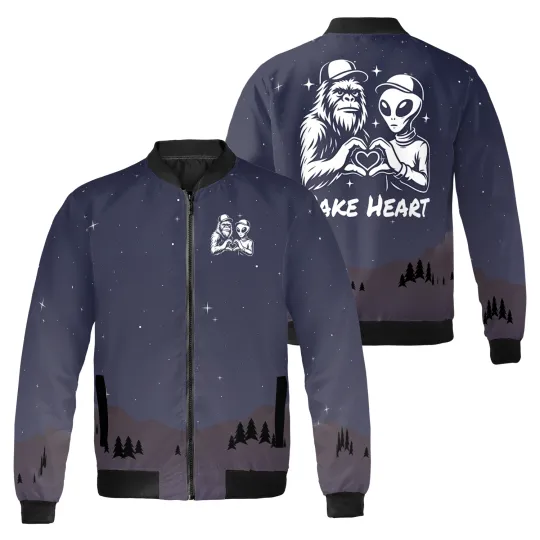 Discover Bigfoot & Alien We Make Heart Galaxy Themed Funny Cryptid Friends Bomber Jacket