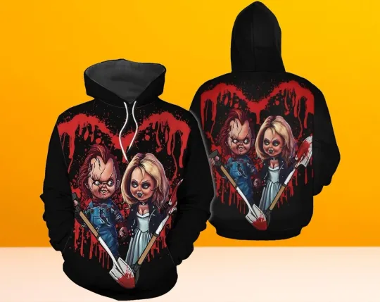 Vintage Chucky And Tiffany Horror Couple In Bloody Heart Halloween Hoodie 3D