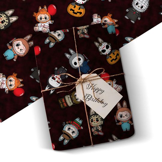 Labubu Horror Villains Gift Wrap, Cute Kawaii Halloween Cartoon Wrapping Paper