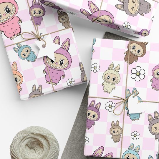 Labubu Wrapping Paper, Kawaii Labubu Gift Wrap for Kids, Birthday Party Decor