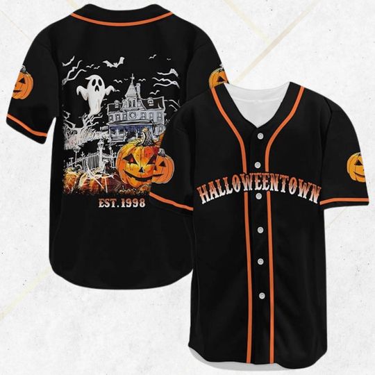 Halloweentown Baseball Jersey Black with Pumpkin Ghost Haunted House Design, Spooky Halloween Shirt Costume Party Gift