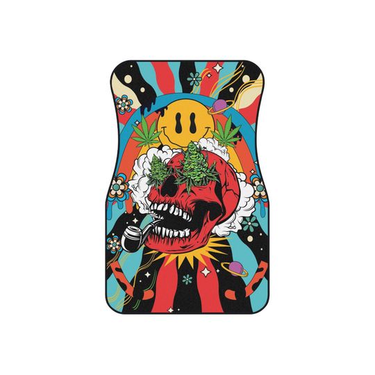 Discover Psychedelic Skull Car Mats Set, Vibrant Floral Design, Unique Auto Accessories, Gift for Music Lovers, Quirky Car Decor