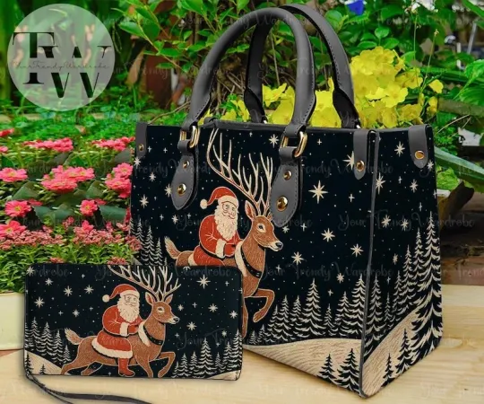 Discover Christmas Santa Leather Handbag, Leather Christmas Purses, Santa Tote