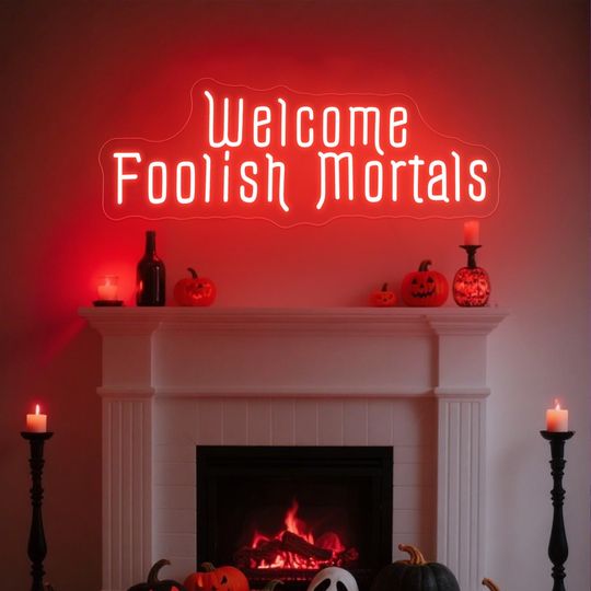 Discover Welcome Foolish Mortals Neon Sign: Gothic Halloween LED Wall Decor, Witchy wall sign, Halloween wall light, Custom Horror Neon