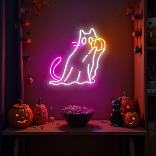 Discover Halloween Cat Ghost Neon Sign, Cute Boo Cat with Pumpkin Neon Sign, pooky Led Light, Halloween Room Decor, Custom Halloween Neon Sign