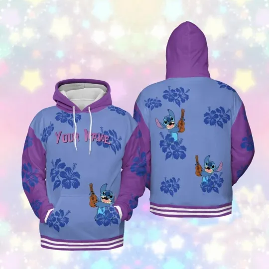 Discover Personalized Funny Stitch Playing Guitar Hibiscus Flowers Hoodie 3D Printed