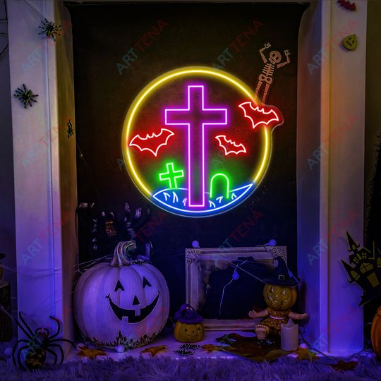 Discover Cross With Moon Neon Sign, Lights Decor Game Room Wall, Moon Cross Neon Sign, Custom Handmade Art, Halloween Gift, Cross Moon Led Sign