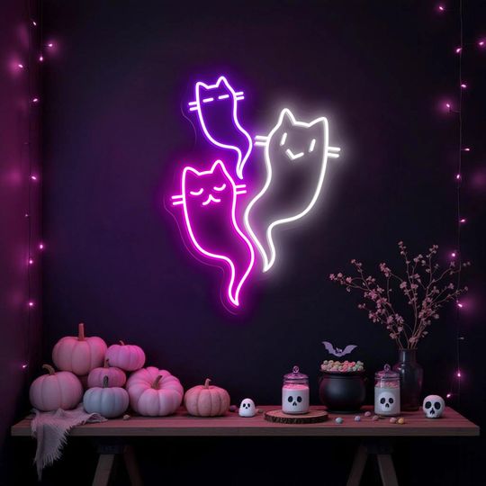 Discover Ghost Cat Neon Sign, Cute Halloween LED Wall Light, Triple Spooky Cat Wall Art, Trick or Treat Party Decor, Cat Neon Light, Custom Neon Sign