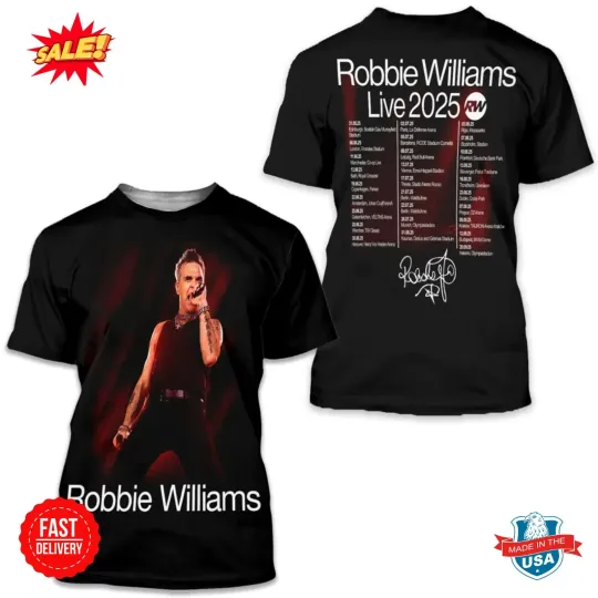 Discover Robbie Williams Tour 2025 3D T-Shirt, Vintage Fan Shirt, Unisex
