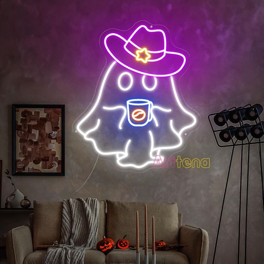 Discover Cowboy Ghost Coffee Neon Sign, Boo Neon Sign, Cowboy Neon Sign, Halloween Neon Sign, Halloween Gift, Halloween Decor Sign, Custom Neon Sign