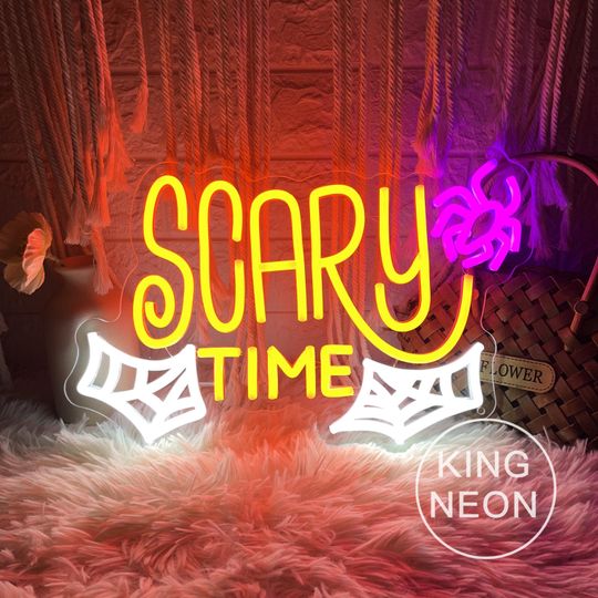 Discover Scary Time Spider Web LED Neon Sign, Custom Happy Halloween Neon Light Home Wall Decor Halloween Party Spooky Decoration Halloween Gift