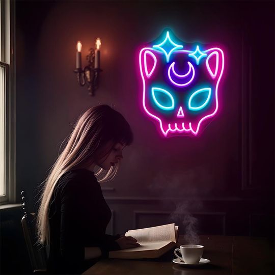 Cat Skull Neon Sign, Gothic Cat Skull Moon LED Neon Light, Halloween Cat Sign, Cat Moon Star Neon Light, Halloween Decor, Tarot Reader Gifts