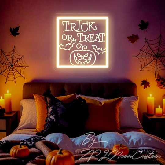 Trick Or Treat Spiderweb Neon Sign,Custom Halloween Led Neon Light, Home Candy Shop Wall Decor Spooky Halloween Party Sign,Halloween Gift