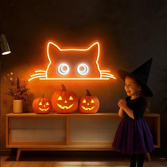Cat Halloween Neon Sign, Fall Spooky Season Neon Sign, Witchy Kitten Neon, Window Sill Cat Neon Sign, Cozy Halloween Neon Sign, Gift for Her
