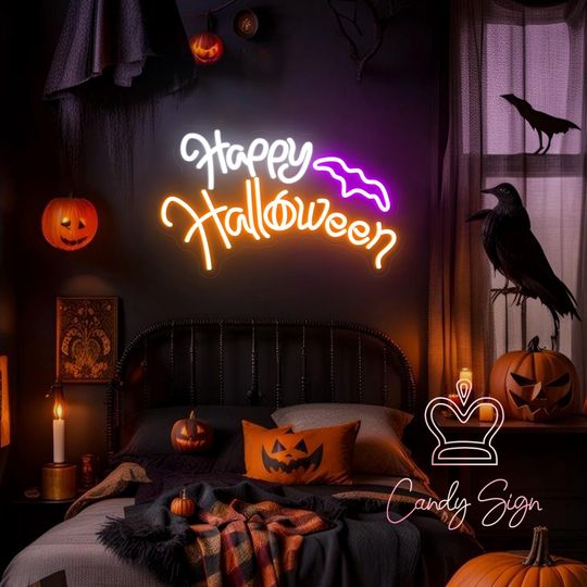 Happy Halloween Bat Neon Sign Custom Halloween LED Neon Light Halloween Home Decor Halloween Party Decor Spooky Party Sign Halloween Gifts
