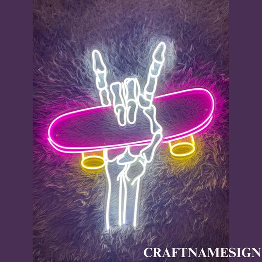 Discover Skeleton Hand Skateboard Neon Sign, Skeleton Skateboard Halloween Led Sign, Custom Neon Sign, Halloween Holiday Wall Art, Halloween Gift