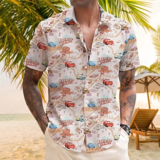 Discover Vintage Pixar Cars Lightning McQueen & Friends Radiator Springs Hawaiian Shirt