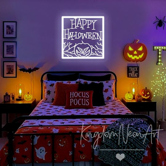 Discover Happy Halloween Pumpkin Neon Sign Custom Halloween Led Neon Light USB Engrave Light Halloween Wall Decor Halloween Gifts